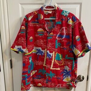 Vintage Barefoot In Paradise Mens Hawaiian Shirt Button Up 80s Fun Red Size 3XL